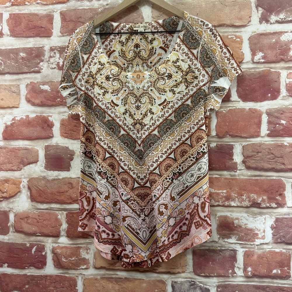 World Unity Top Women's Large Multicolor Boho Paisley Striped Casual Shirt - Picture 3 of 9